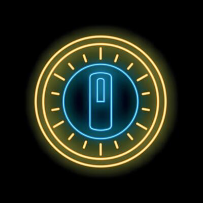 Neon icon of power button enclosed in circle on black background