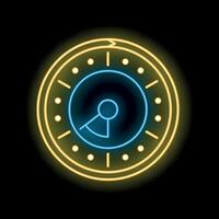 Neon icon of clock face glowing on black background vector