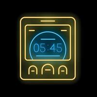 Neon glowing smartphone showing time on dark background vector