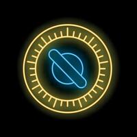 Neon planet shining inside glowing coin on black background vector