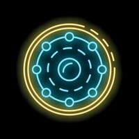 Neon sign of atom with nucleus and electrons glowing on black background vector