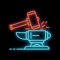 Neon sign representing a hammer striking an anvil on black background vector