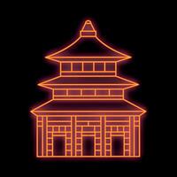 Glowing neon line drawing of a pagoda building on a black background vector