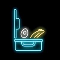 Neon lunch box open displaying food icon on black background vector