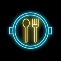 Neon sign showing a spoon and a fork on a plate is glowing on a black background vector