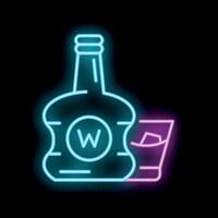 Neon sign showing bottle with whiskey and glass with ice cubes vector