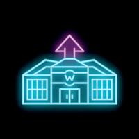 Neon glowing icon of warehouse with up arrow on black background vector