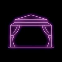 Glowing neon line icon representing a market stall with curtains on a black background vector