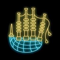 Neon sign representing scottish bagpipes on top of world globe vector
