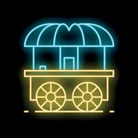 Neon icon of a street food cart with awning, glowing on dark background vector