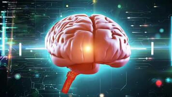 Digital brain glowing colorful human AI 3D virtual thinking modern lab research imagination creativity skill technology intelligence idea innovation concept mind office business tech video