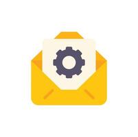 Yellow open envelope containing document with gear icon showing technical support concept vector
