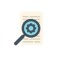 Magnifying glass exploring document with gear icon, analyzing business processes vector