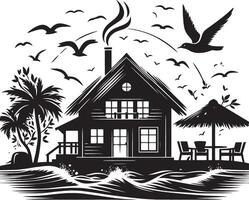 a black and white drawing of a house with a bird flying above it vector
