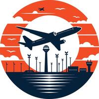 a plane is flying over a city with a sunset in the background vector