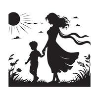 a silhouette of a woman and a child in a field with the sun shining through the vector