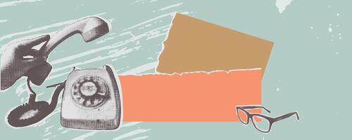 A retro-inspired collage features a vintage rotary phone, eyeglasses, and torn paper textures, creating a nostalgic, mid-century vibe. The muted pastel color palette evokes a minimalist yet artistic aesthetic. illustration vector