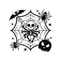 Halloween spider web with skeleton and bats vector