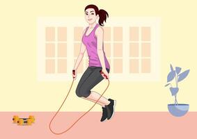 young woman exercising with jumping rope vector