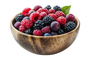 Fresh mixed berries in a wooden bowl isolated on transparent background. png