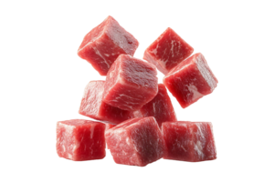 Floating raw meat cubes isolated on transparent background. png