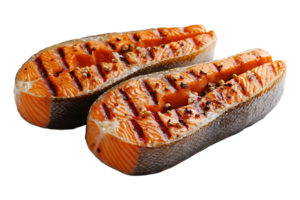 Grilled salmon steak isolated on transparent background. png