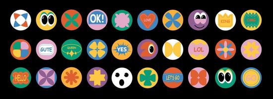 Abstract sticker shapes. Groovy round oval rectangular arched eye typography in trendy 90s retro style. Brutalism aesthetics. illustration geometric elements. vector