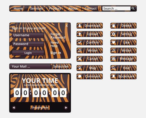 Set of web button elements. zebra pattern. orange and black colors.