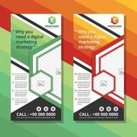 Template of vertical roll up banner with hexagonal elements for photo collage. green and orange colors design flyer for business and advertising, use sport or natural vector