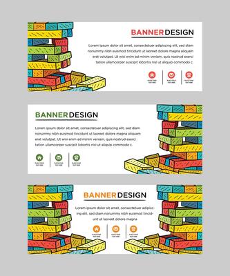 set of web banner templates with brick construction, interlocking toy bricks, building blocks, parts or pieces on white background and place for text. Colorful doodle style backdrop.