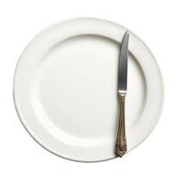 Empty plate with a fork and knife isolated on transparent background. png