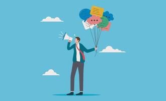 Man holding speech bubbles and using megaphone for conveying messages, public speaking, communication, announcement, sharing news, social media posts vector