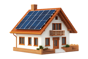 Family house model with solar panels on the roof isolated on transparent background. png