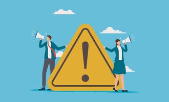 Two business people holding megaphones near warning sign. Suitable for concepts of Important announcement, urgent message communication, teamwork, crisis management, and business warnings vector