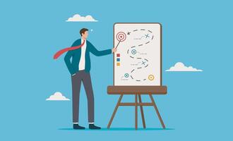 Man presenting strategy with target and obstacles. Suitable for presentations, business plans, goal setting concepts, leadership illustrations, and strategic planning visuals vector
