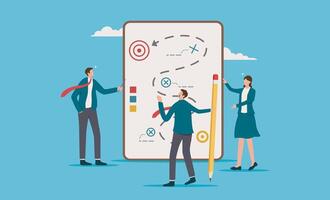Three individuals strategizing with a large pencil and target on a board. Suitable for business, strategic planning, teamwork, and goal setting concepts vector