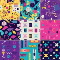 Geometric colorful shapes memphis style seamless repeat pattern set vector