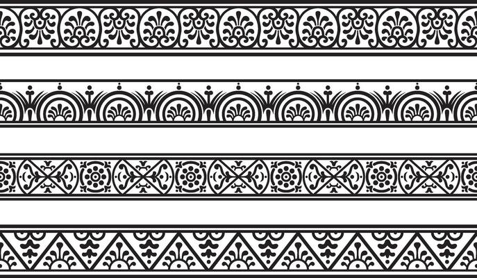 Set of seamless black monochrome border, Pompeii frame. Endless Neopolitan ornament. Art of Ancient Rome.