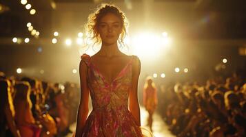 Women Walking Down The Runway In Fancy Clothes, Fashion Show, Wide Angle photo