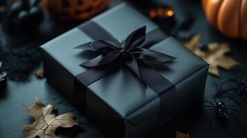 gift box with dark ribbon, spooky decorations inside and spider webs photo