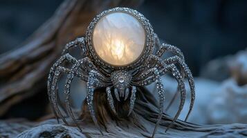 Silver spider web podium with jewel-encrusted spider photo