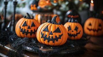 Halloween cookies Pumpkin shapes with evil faces photo