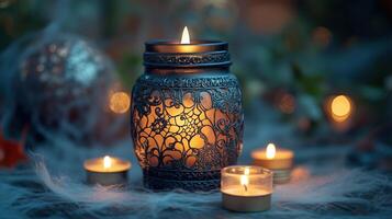 A candle in a dark glass jar with ornate designs photo