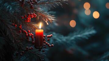 Close up of a candle in a spruce tree with berries photo
