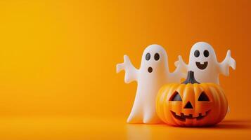 Halloween ghosts with funny pumpkin on orange background. photo