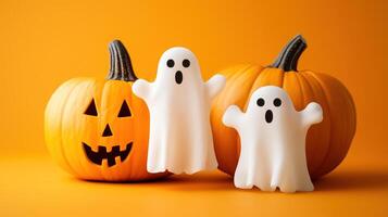 Halloween ghosts with funny pumpkin on orange background. photo