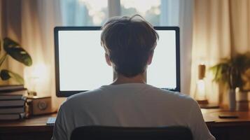 Over shoulder shot of a young man using computer laptop photo