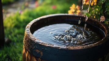 Rainwater harvesting barrel full of water photo