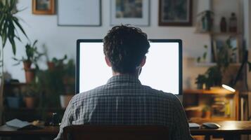 Over shoulder shot of a young man using computer laptop photo