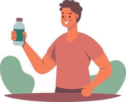 Man holding a water bottle and sitting after exercise, symbolizing relaxation and hydration vector